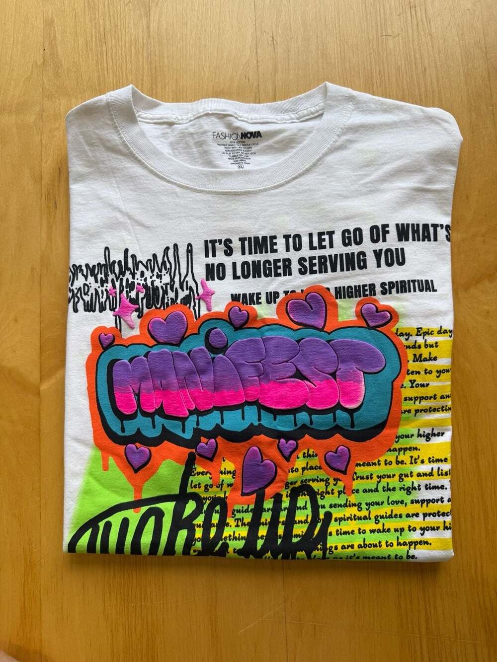 Fashion Nova Manifest Graphic T-Shirt Size XL White Graffiti Print